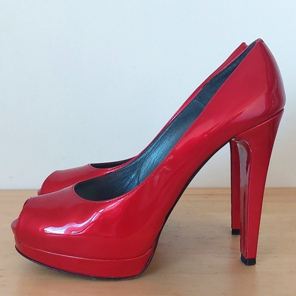 Stuart Weitzman Open Toe Red Patent Leather High Heels